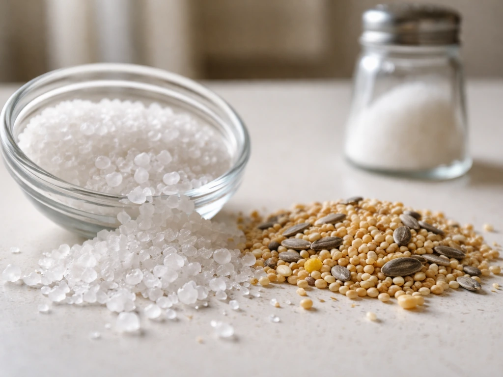 Salt crystals beside treated bird-safe seeds in a simple close-up, emphasizing sodium-rich concentration.