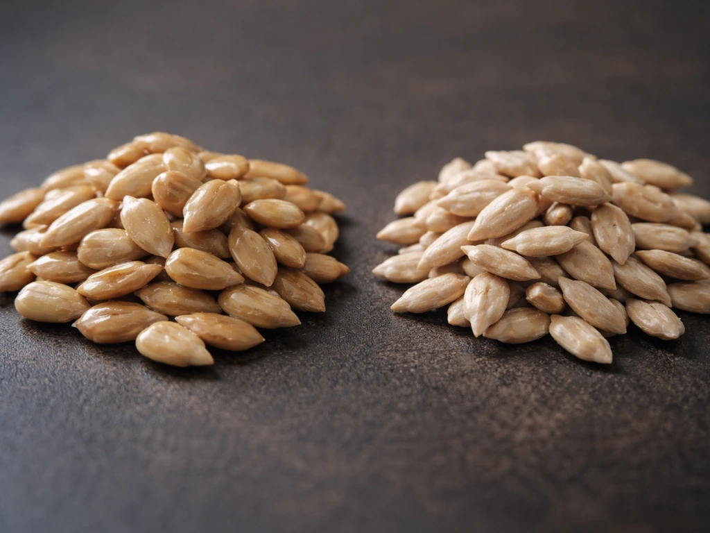 Macro close-up of oil-sheen sunflower seeds beside drier, matte seeds to show fat content preference.