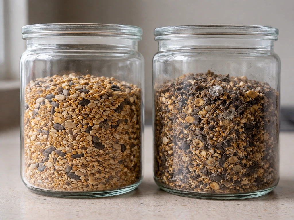 Two glass containers of bird seed, one fresh and golden, one darkened and spoiling