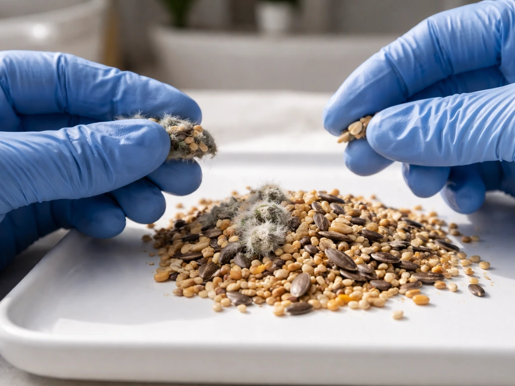 Gloved hands inspecting birdseed on a clean tray for mold, close-up checklist-style scene.