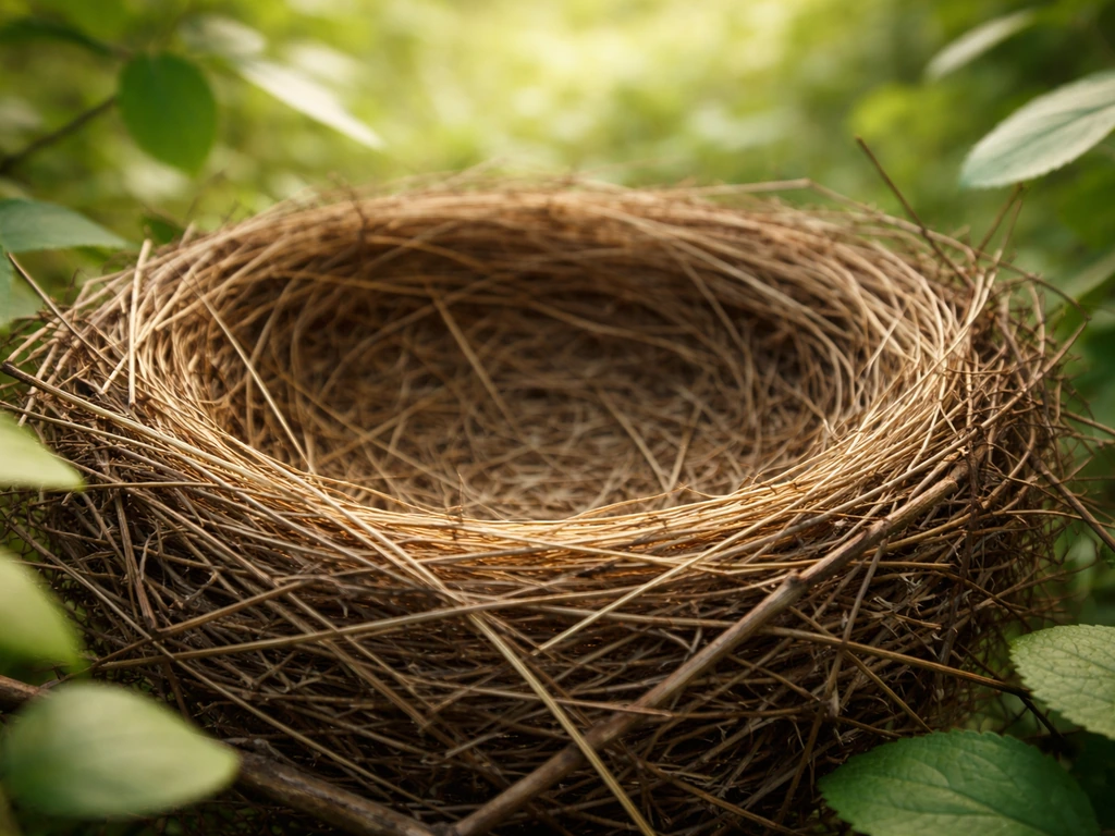 Close-up of an empty bird nest in natural foliage with visible nesting material texture
