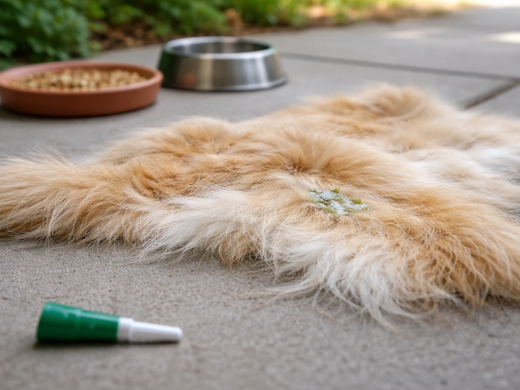 Close-up of dog fur with subtle flea/tick residue on outdoor ground near a bird-feeding area.