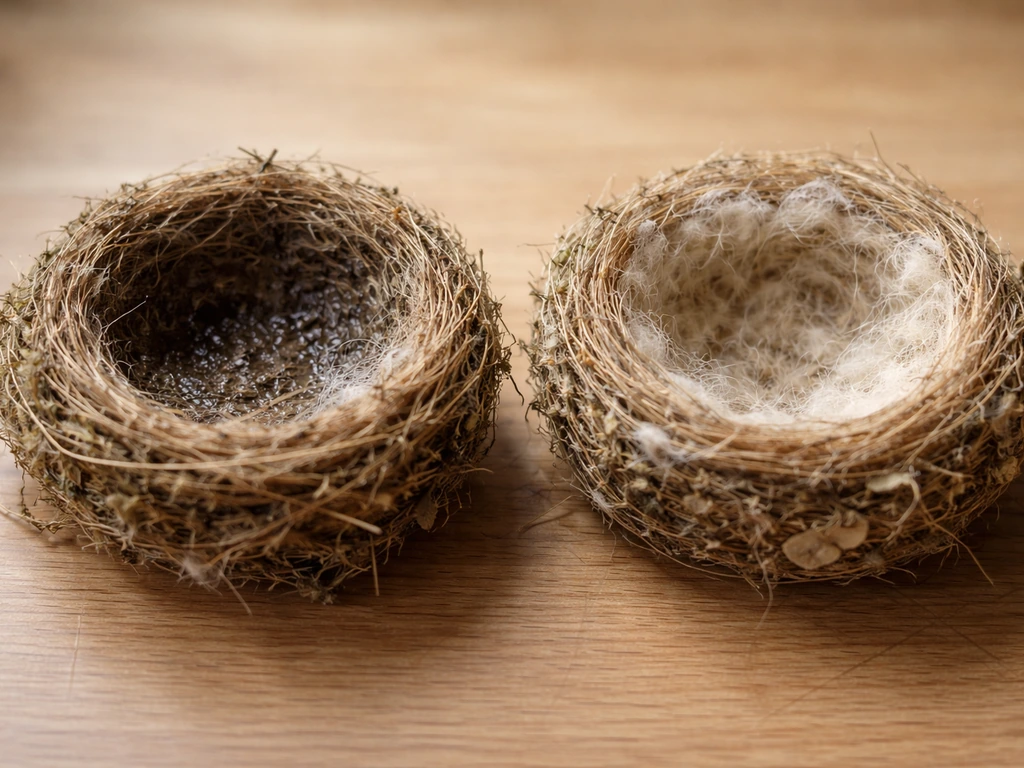Close-up of a bird nest cup showing damp inner lining versus dry lining conditions