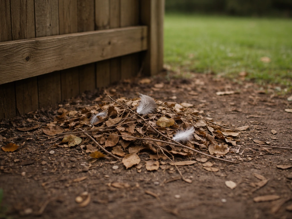 Backyard garden corner with a natural pile of leaves and twigs for birds to use.