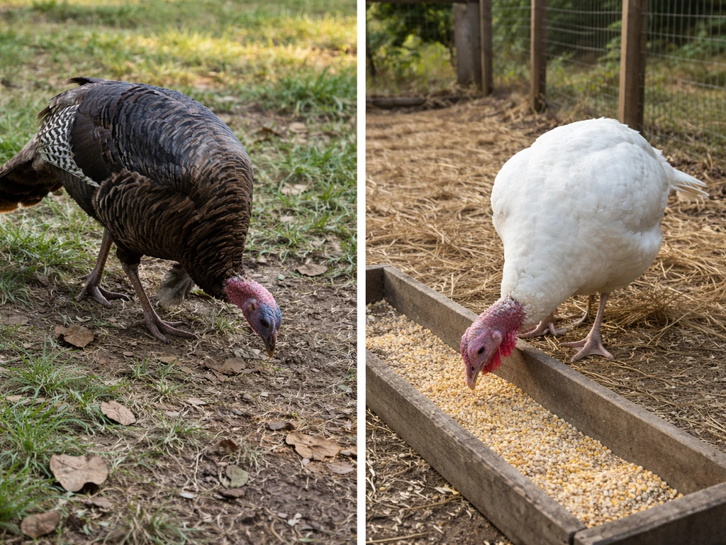 Two turkeys foraging side by side: one pecking grass and soil, the other eating feed in a backyard.
