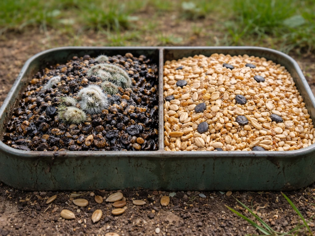 Moldy wet bird seed in a feeder contrasted with dry clean seed beside it outdoors.