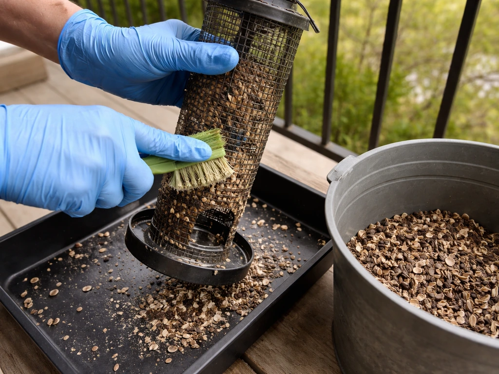 Gloved hands scrubbing a seed feeder, brushing out old hulls into a bin in natural light.