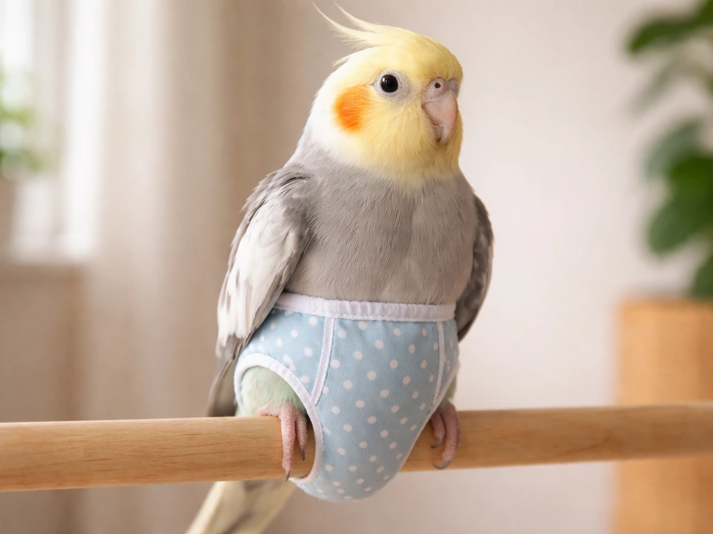 Small pet bird wearing a snug diaper cover on a wooden perch, calm and comfortable.