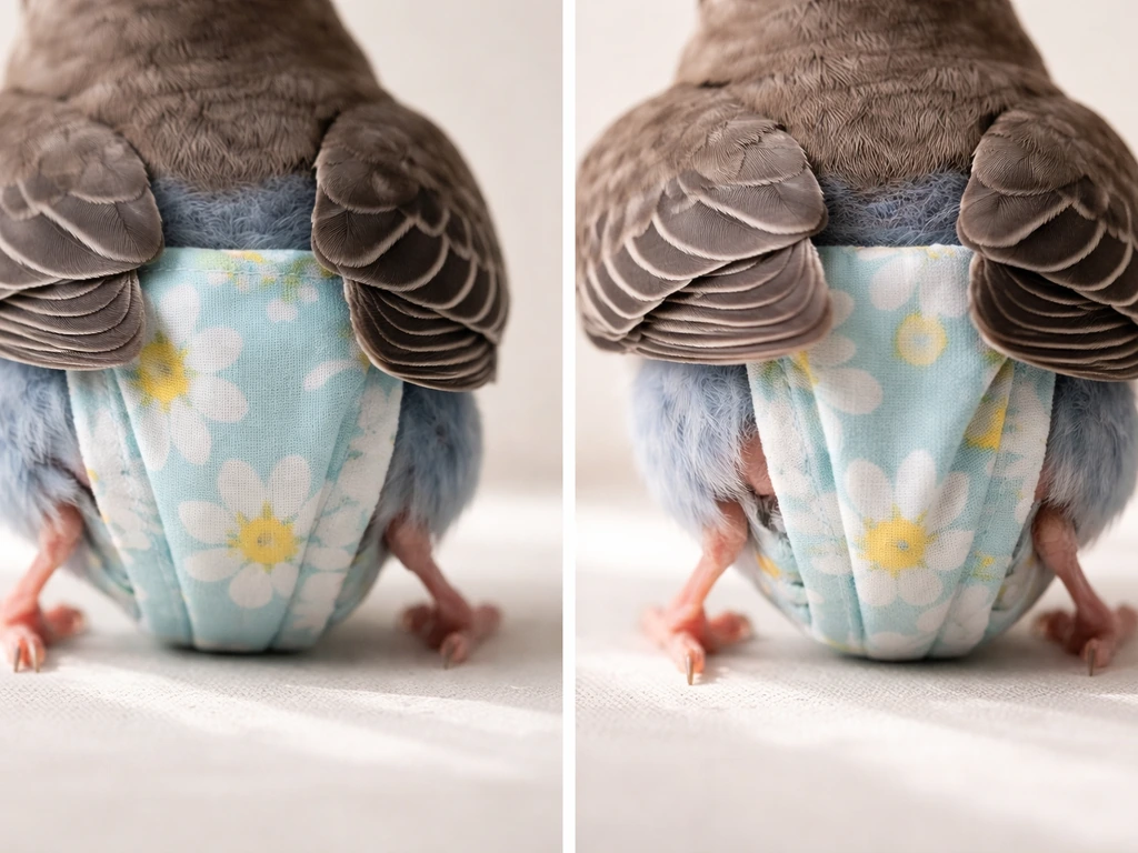 Side-by-side view of a bird wearing a properly fitted diaper versus one that’s too tight at the wings and vent