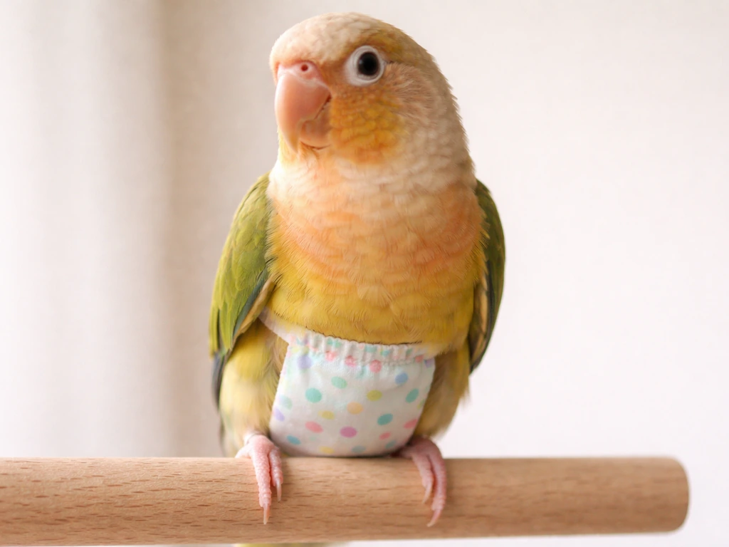 Close-up of a small parrot upright and calm on a perch wearing a bird diaper