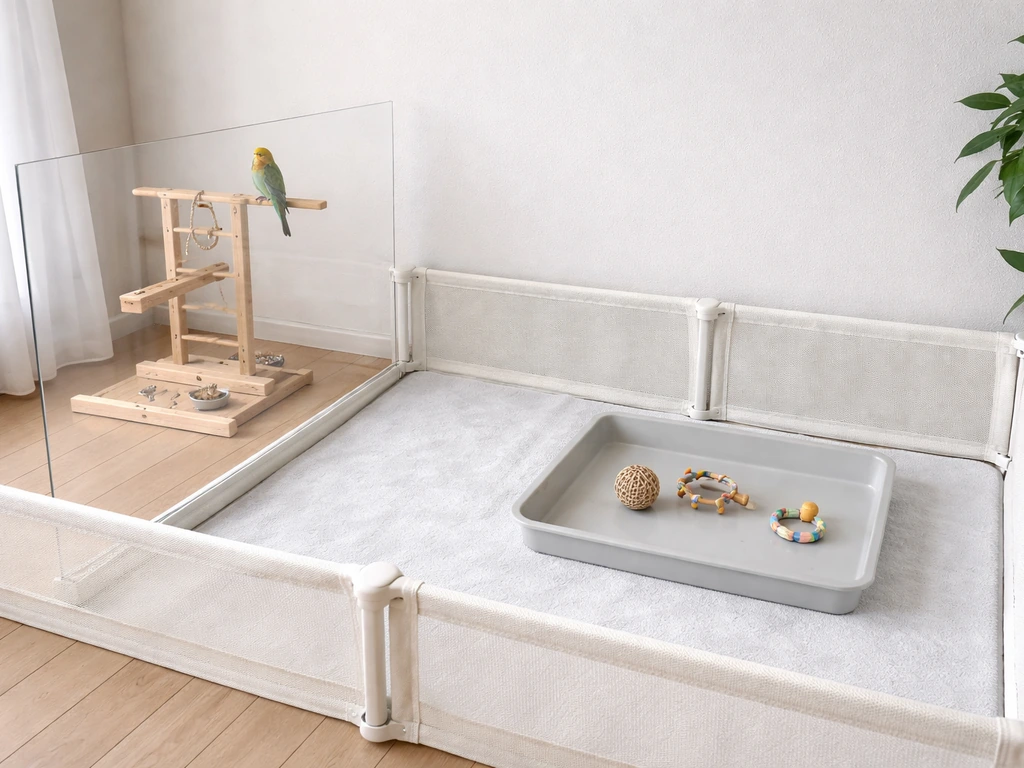 Pet bird on a play stand behind a clear barrier, next to a separate easy-clean supervised play area