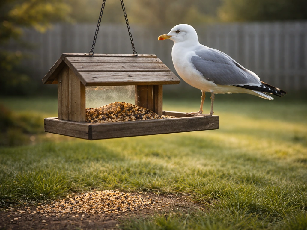 Seagull perched on a backyard bird feeder with bird seed spilled on the ground below.