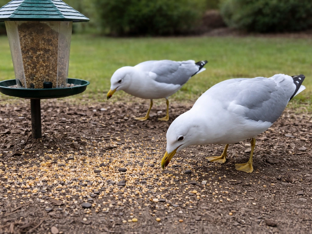 Two ring-billed gulls peck scattered bird seed near a backyard feeder in natural light.
