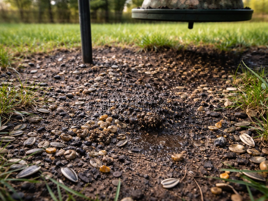 Moldy, clumped spilled bird seed and scattered hulls on grass beneath an out-of-focus feeder.