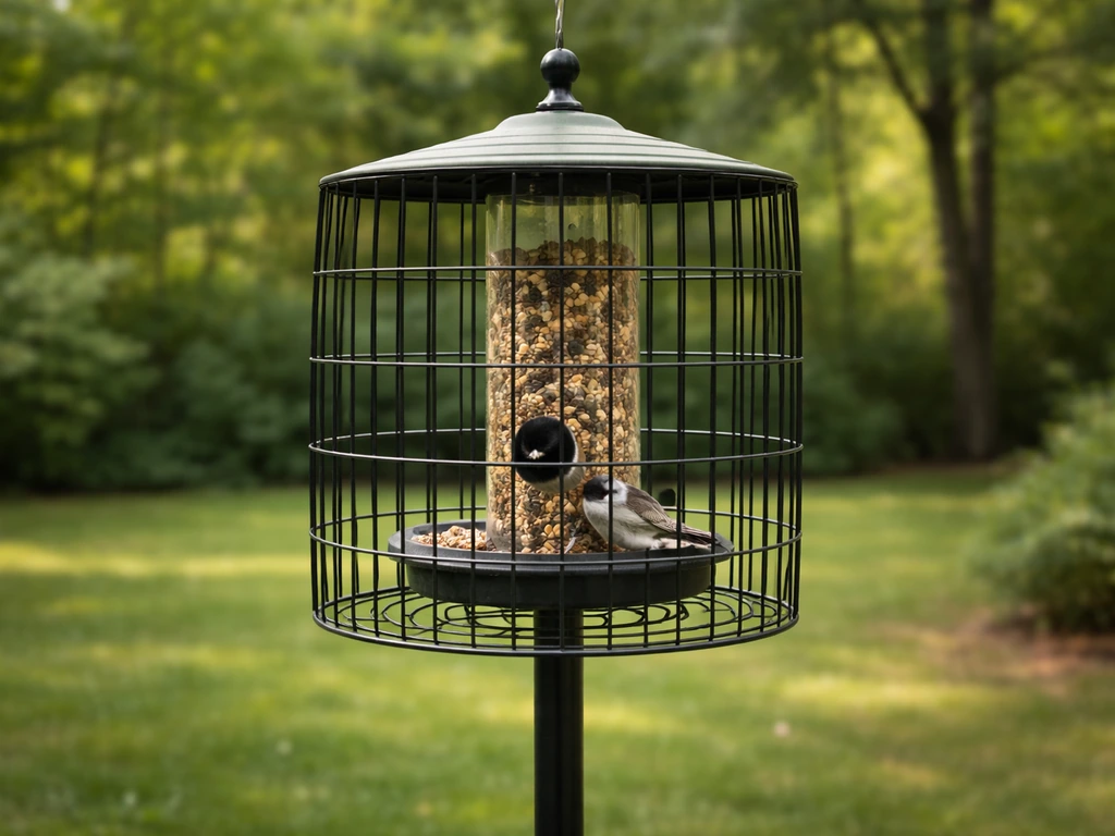 Raised wire-caged bird feeder on a pole outdoors, positioned high with protective enclosure.