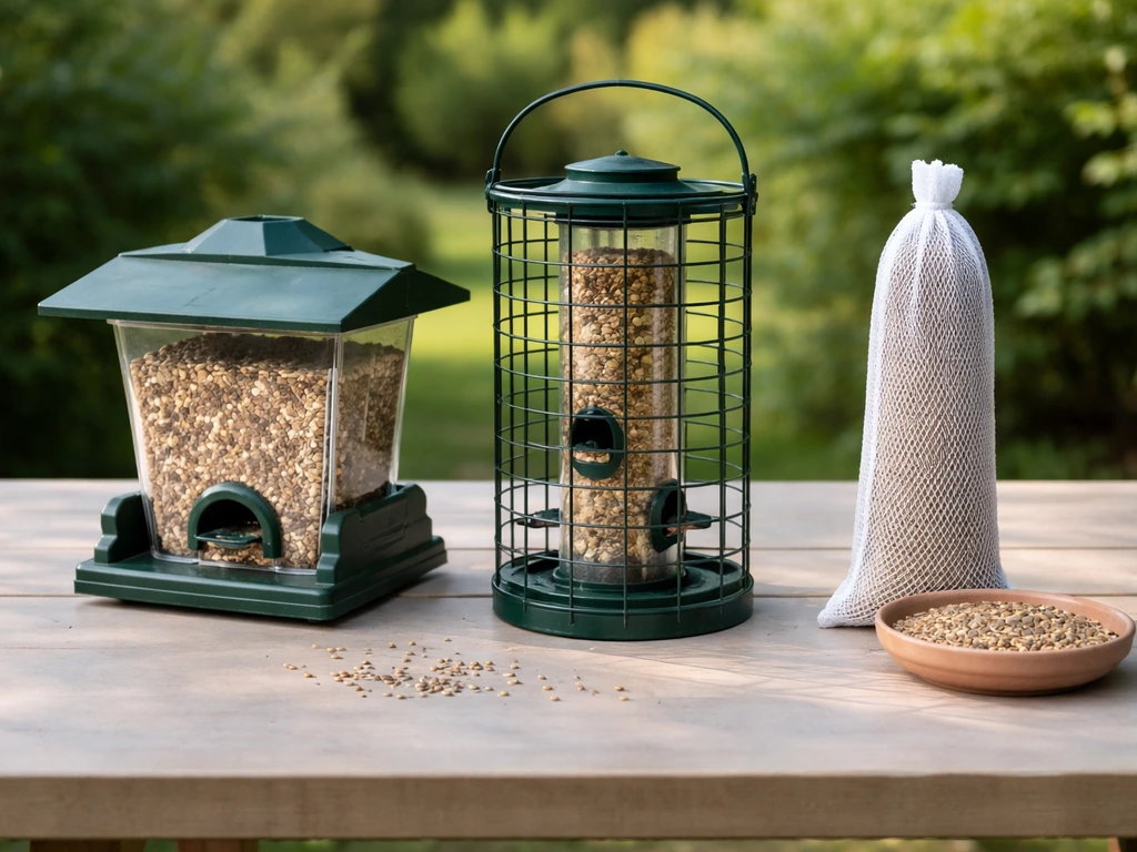 Close-up of bird feeding setups with different seed/feeder styles on a patio, showing safer options for songbirds