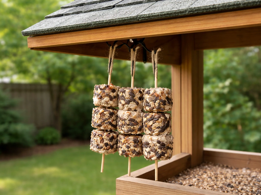 Suet-and-seed bird kabobs skewers hanging under a sheltered backyard feeder, dry and safely placed.
