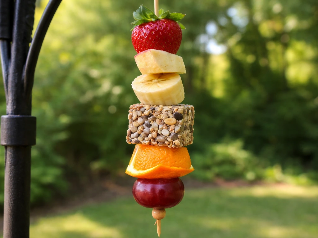 Close-up of a bird kabob skewer threaded with fruit and suet blocks against blurred backyard greenery.