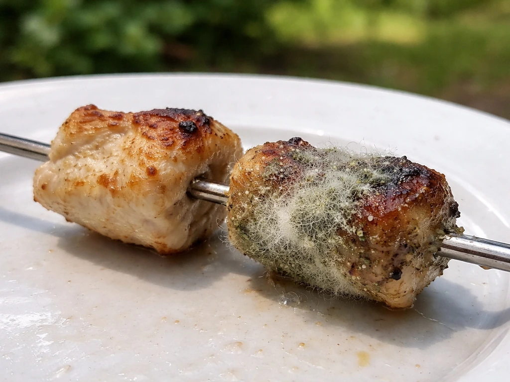 Close-up kabob with one dry piece and one slightly moldy, wet piece after rain.