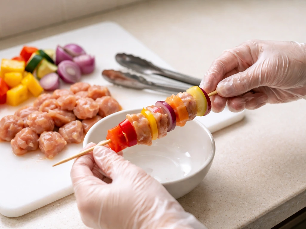 Gloved hands and sanitized utensils assembling kabobs with raw food kept separate to prevent cross-contamination
