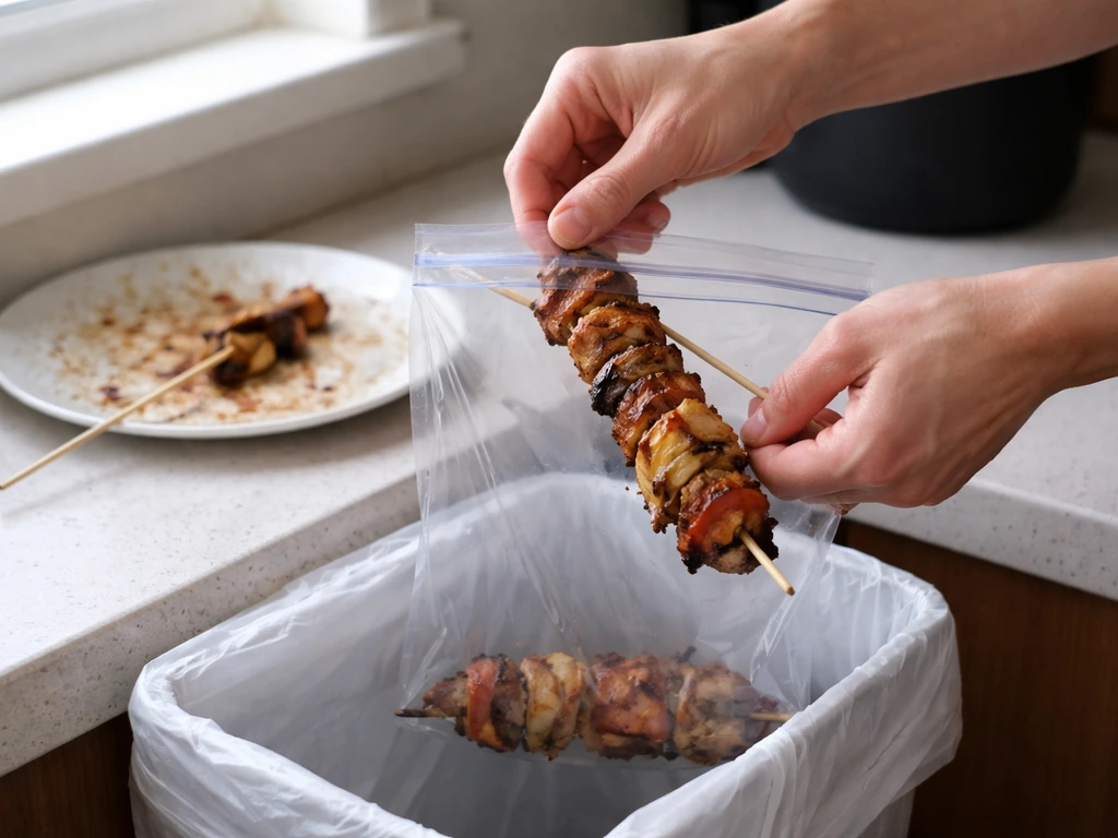 Hands seal an old kabob in a plastic bag above a trash bin; wooden skewer nearby.