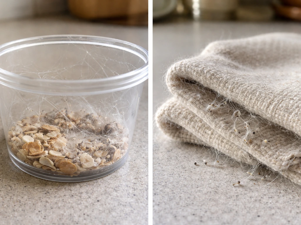 Side-by-side photo of pantry moth webbing on grains and clothes moth webbing on fabric fibers.
