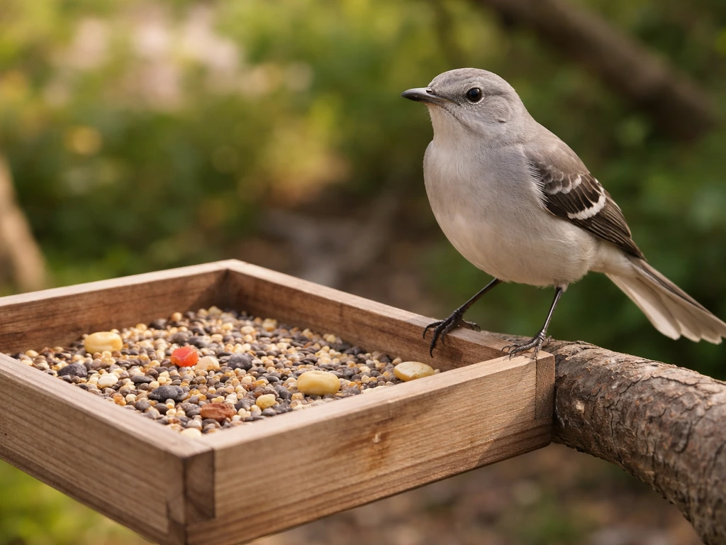 Northern mockingbird perched beside an open tray feeder with seeds and a few small fruits
