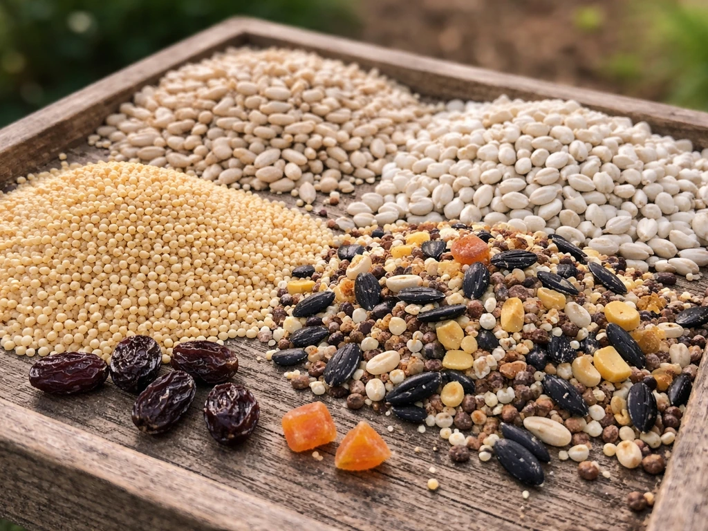 Close-up tray of sunflower hearts, millet, safflower, mixed seed with a few raisins/currants beside them.