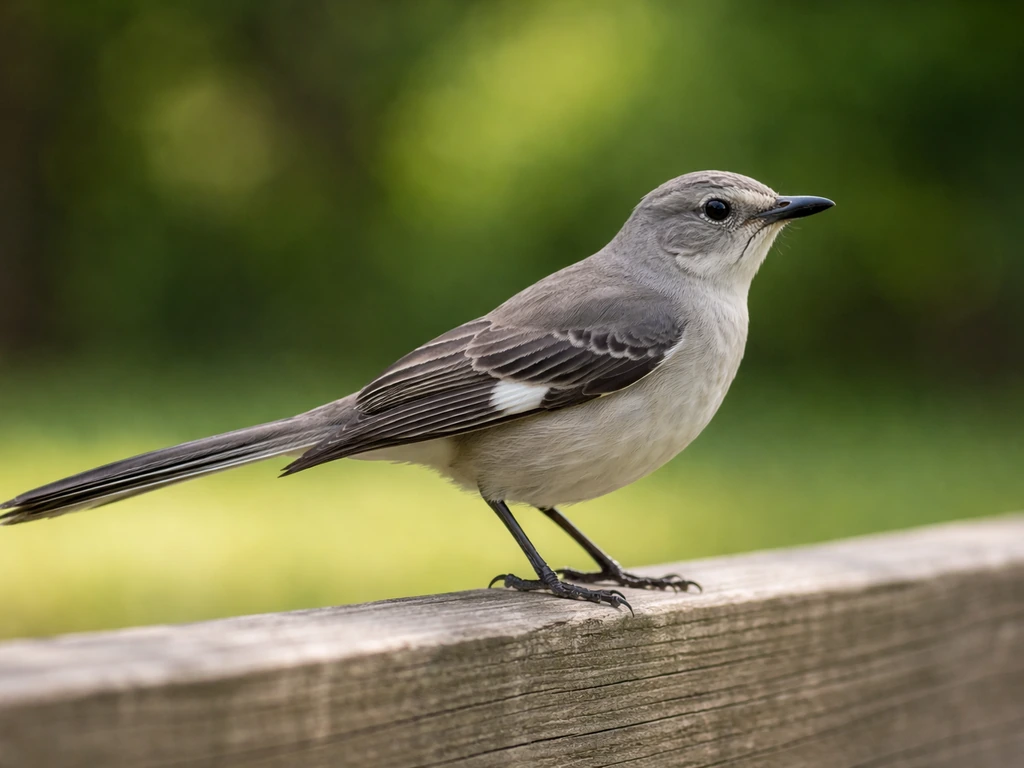 Gray-and-white songbird side profile with white wing patch flashes and long tail in a quiet yard