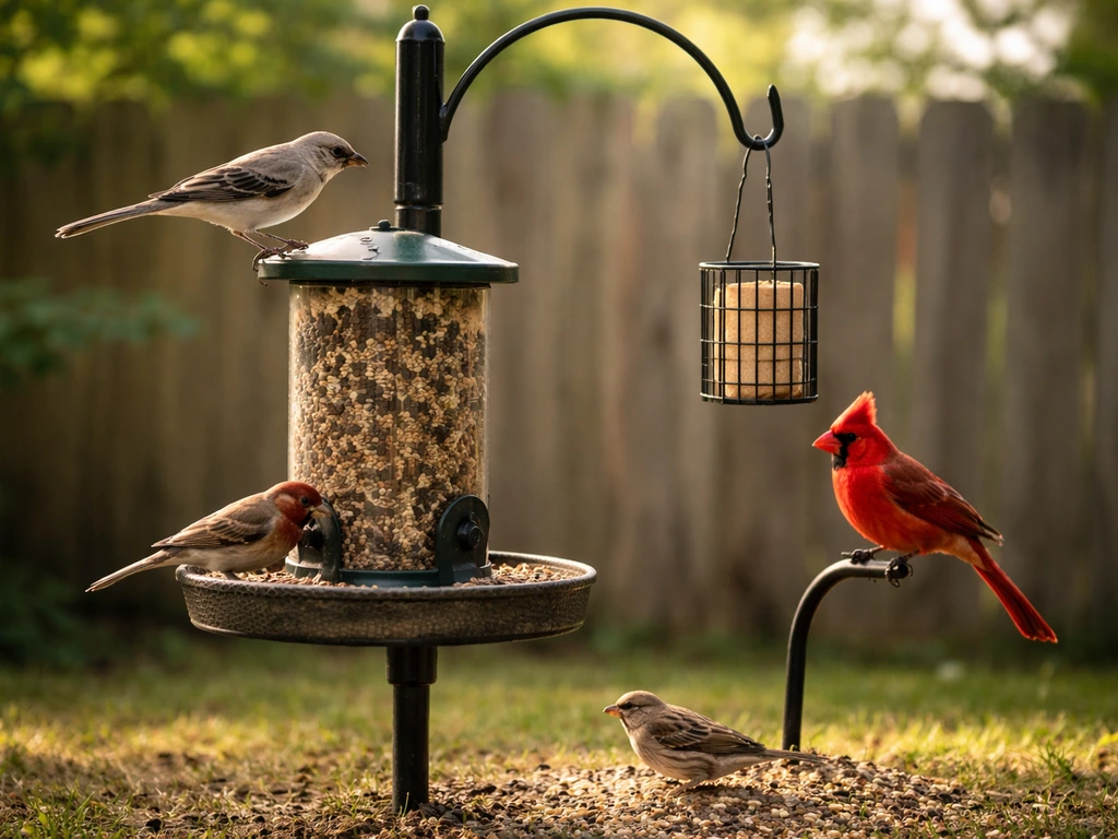 Mockingbird and other backyard feeder birds perched on a feeder station with scattered seeds.
