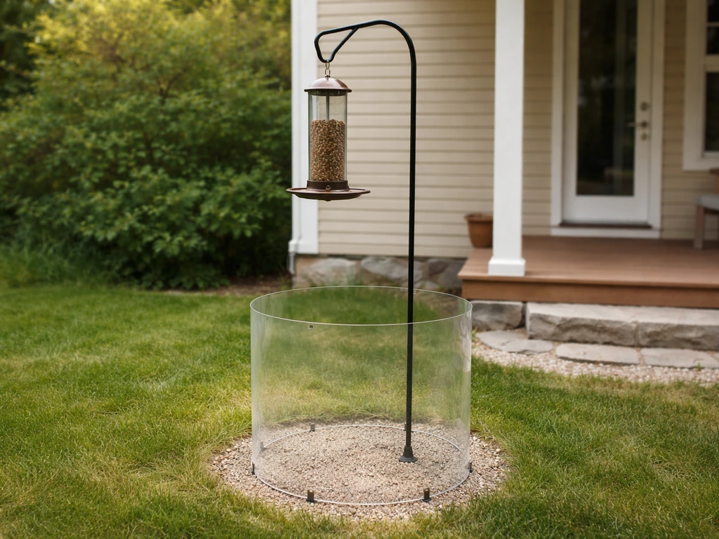 High-mounted bird feeder with a protective stand to keep pets from reaching spilled seed.