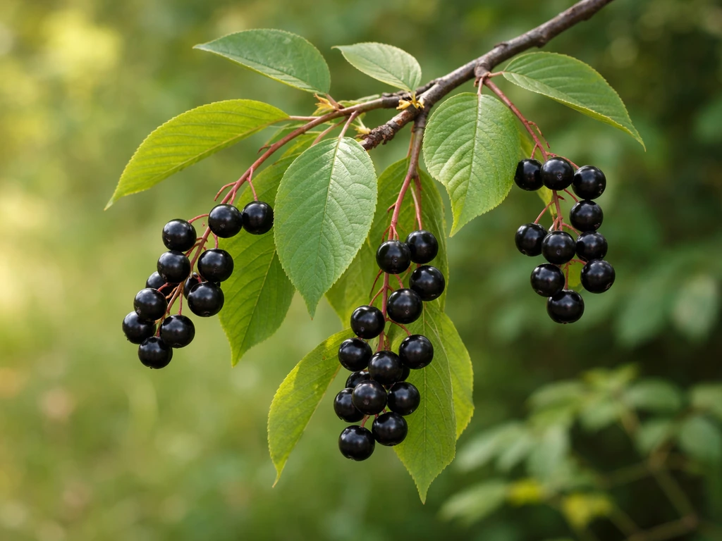 Close-up of bird cherry branches with berries, leaves, and bark texture in soft natural light