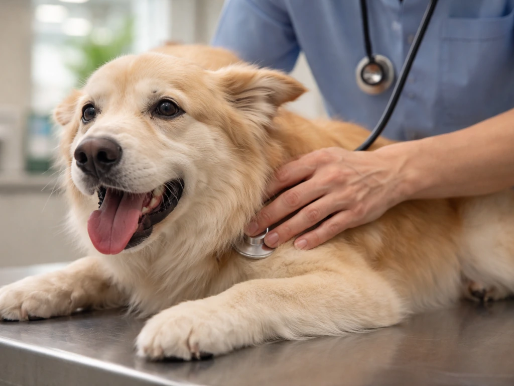Clinician monitoring a distressed dog in a simple clinic room, capturing early cyanide poisoning urgency.