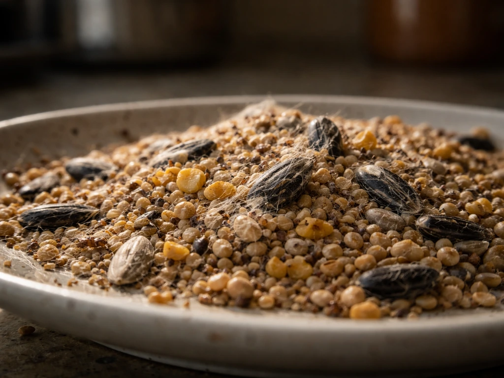 Macro closeup of bird seed with visible bugs and webbing on scattered seeds.