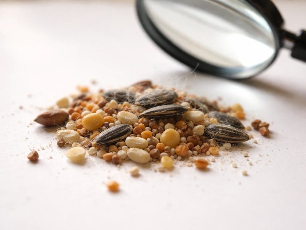 Bird seed on white paper with a magnifying glass revealing fine webbing threads and tiny bug activity.