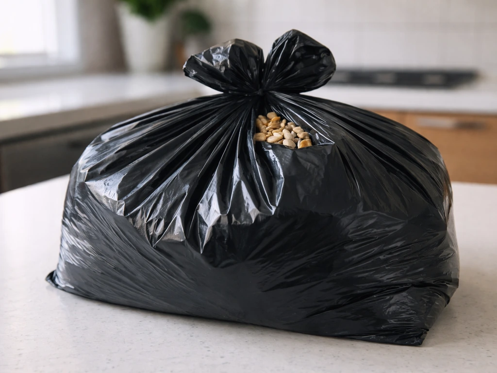 Heavy-duty trash bag sealed shut with seed inside on a kitchen counter, showing immediate containment