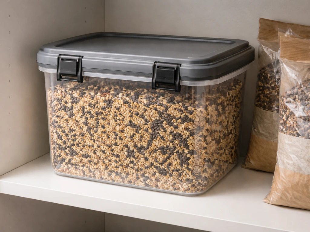 Hard-sided locking-lid container filled with bird seed, set on a clean shelf in a minimal storage area.