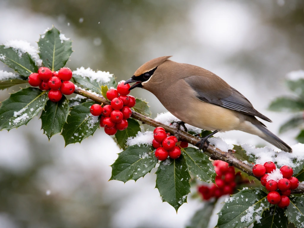 Cedar waxwing perched on a holly branch with bright red berries in winter