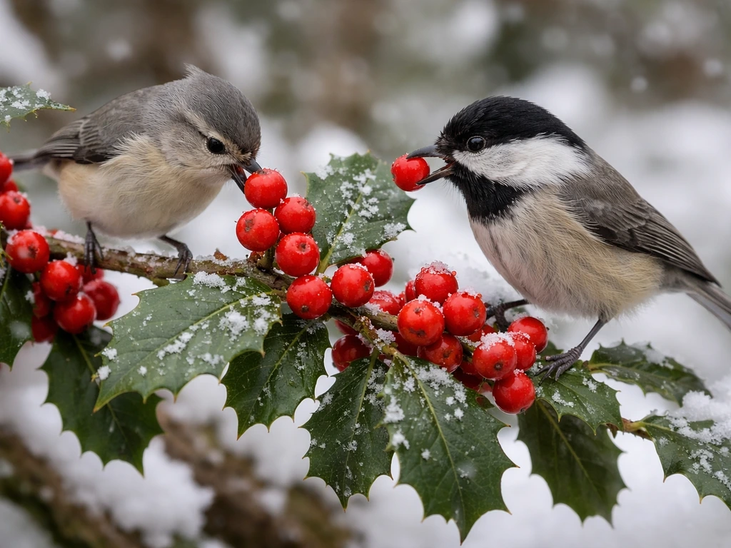 Holly branch with ripe red berries as small winter birds perch and peck at them