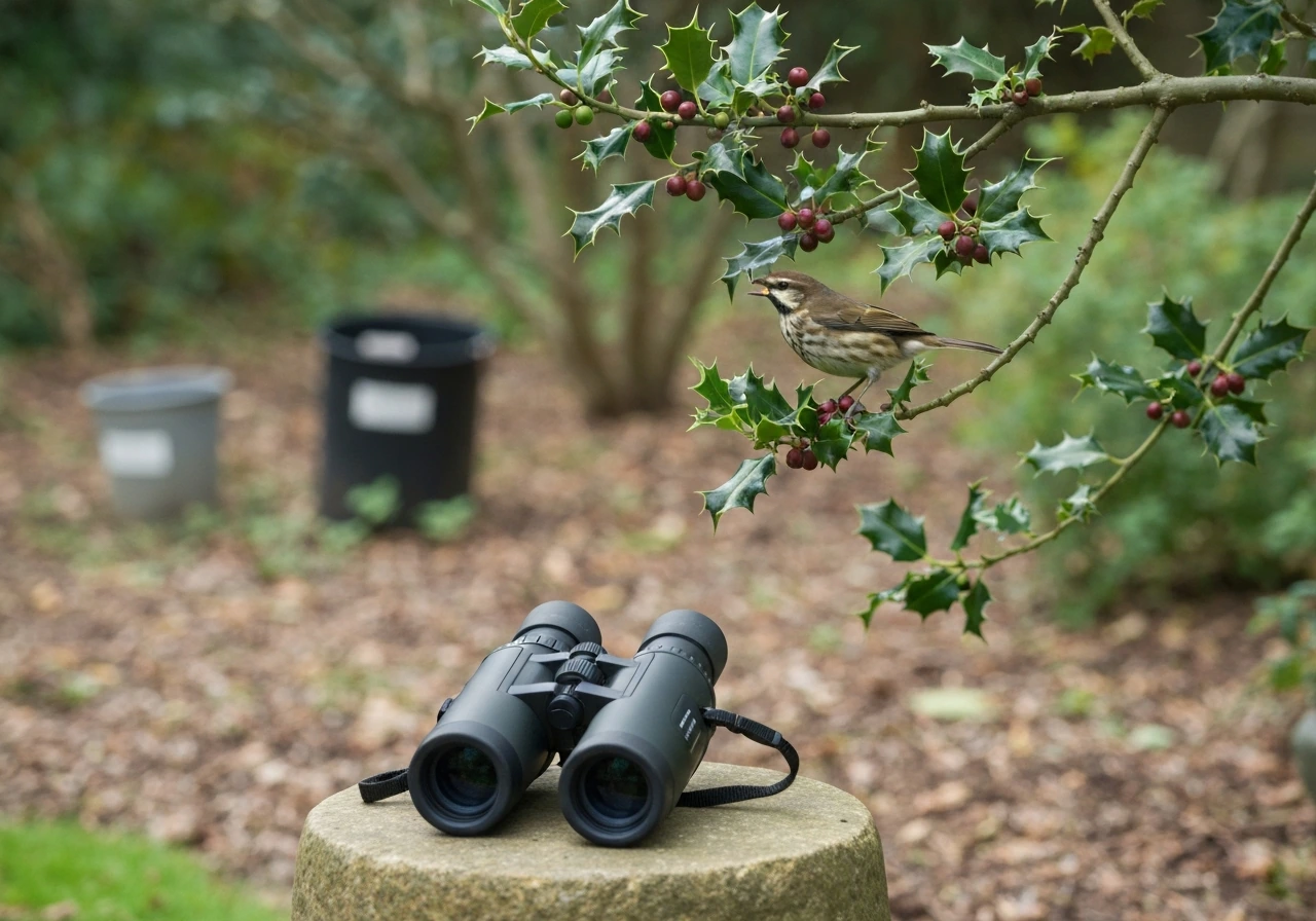 Close view of a bird-watching setup at a holly tree, showing observation distance and feeding context