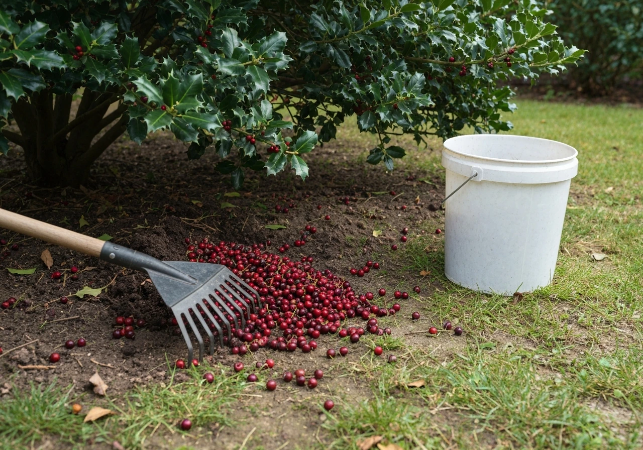 Garden rake collecting fallen holly berries from under a holly bush into a bucket, safe pet cleanup.