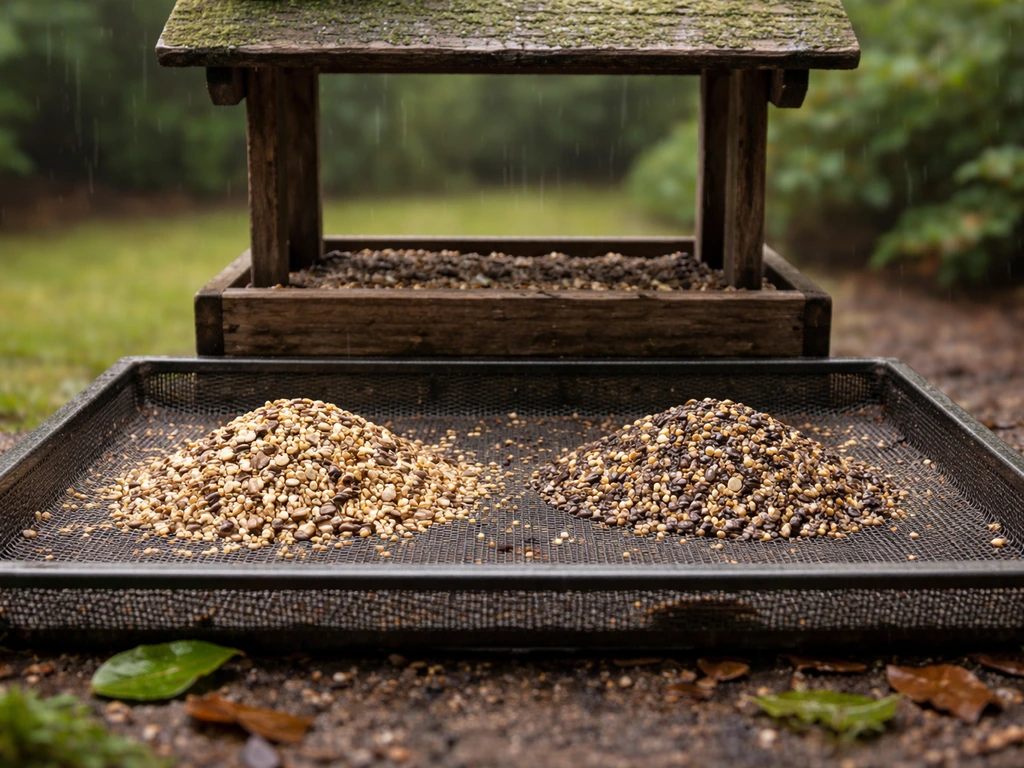 Backyard bird feeder with a tray of dry birdseed under light rain, sprouting prevention vibe
