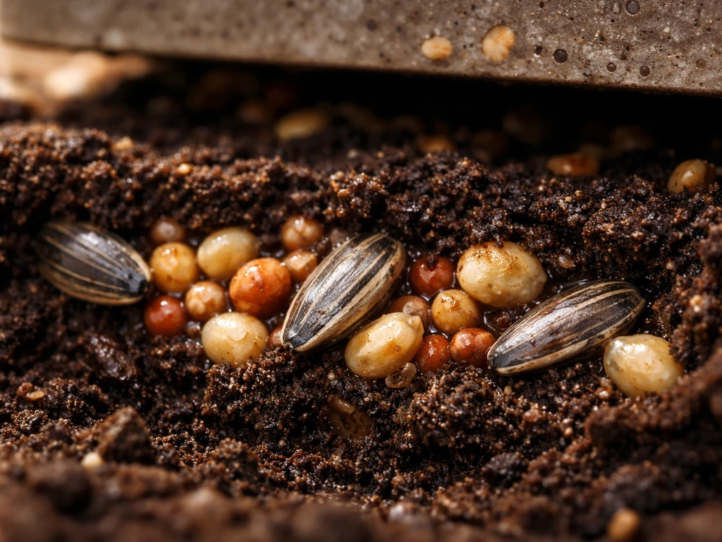 Close-up of damp bird seed on warm soil under a feeder area with visible airflow gaps