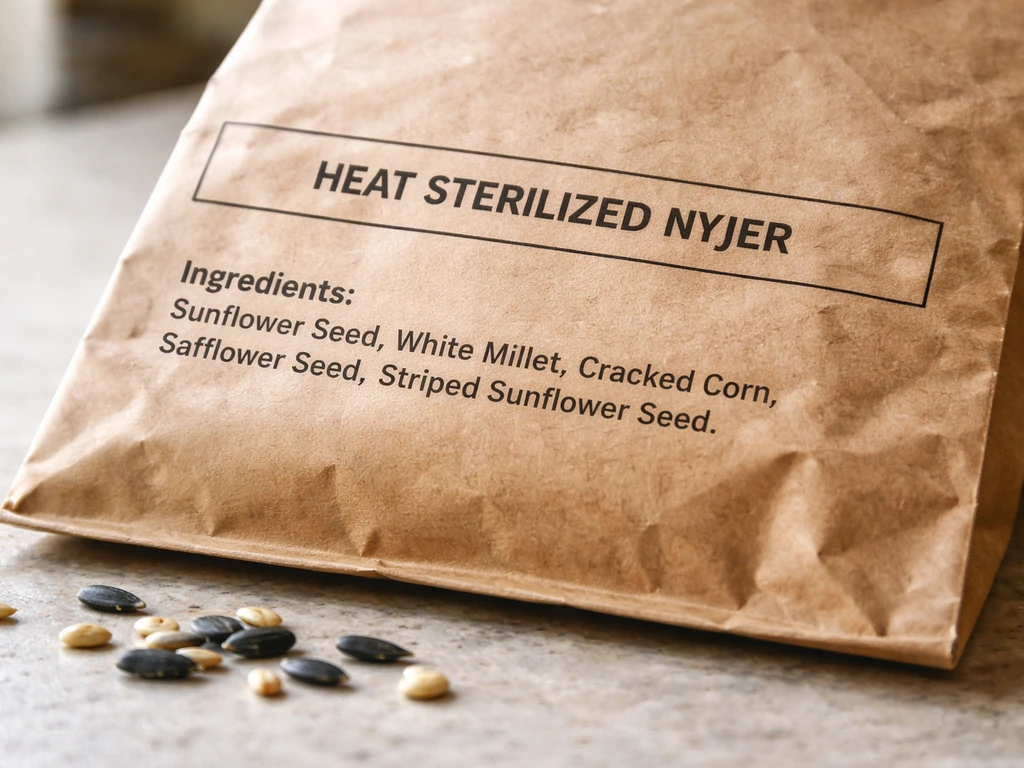 Close-up of a seed bag label and ingredient list showing heat treated/heat sterilized wording for nyjer blends.