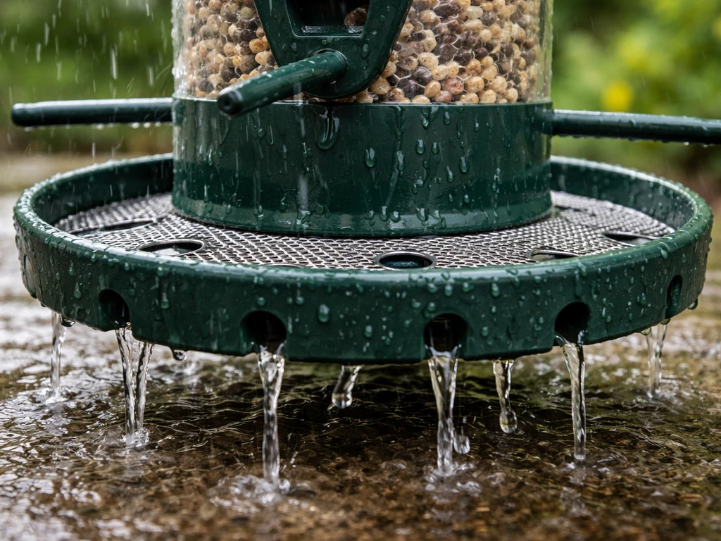 Close-up of a garden seed feeder base with drainage holes and rainwater flowing through, preventing pooling.
