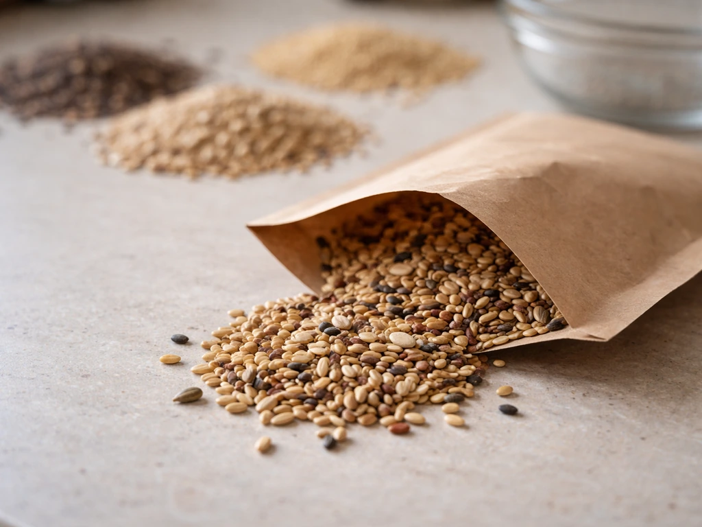 Open seed packet spilling a small pile of mixed seed grains on a kitchen counter.