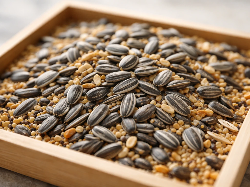 Close-up wooden tray of mixed bird seed with sunflower seeds clearly visible and dominant.