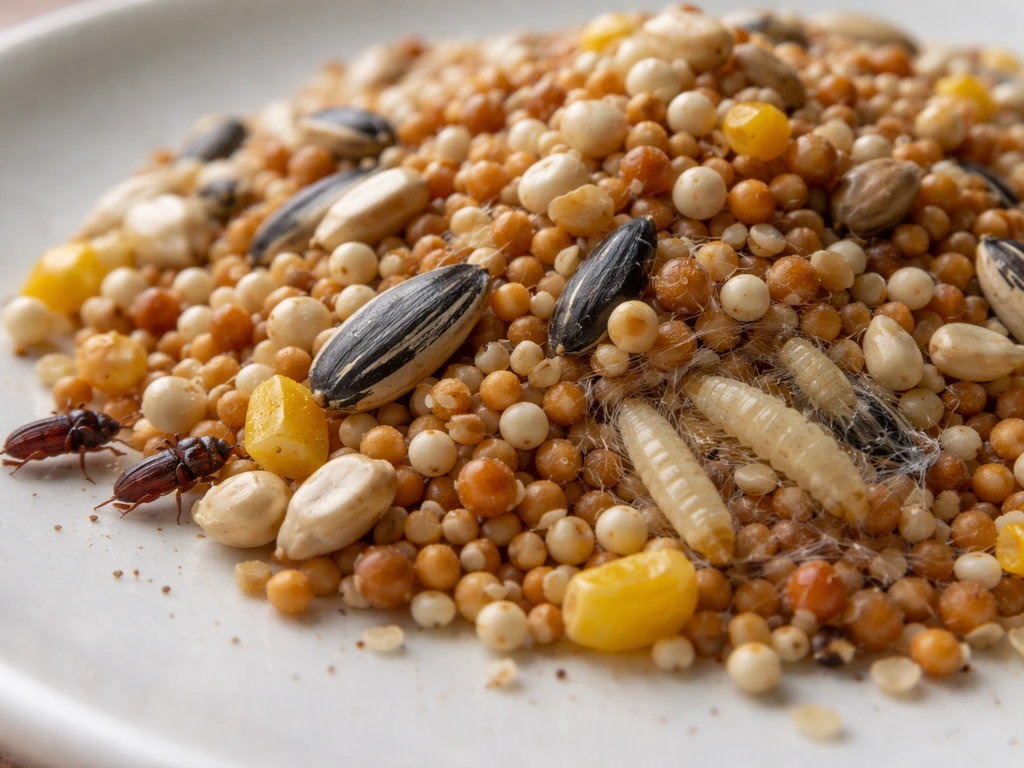 Macro close-up of bird seed showing grain weevil beetles and meal moth larvae on grains
