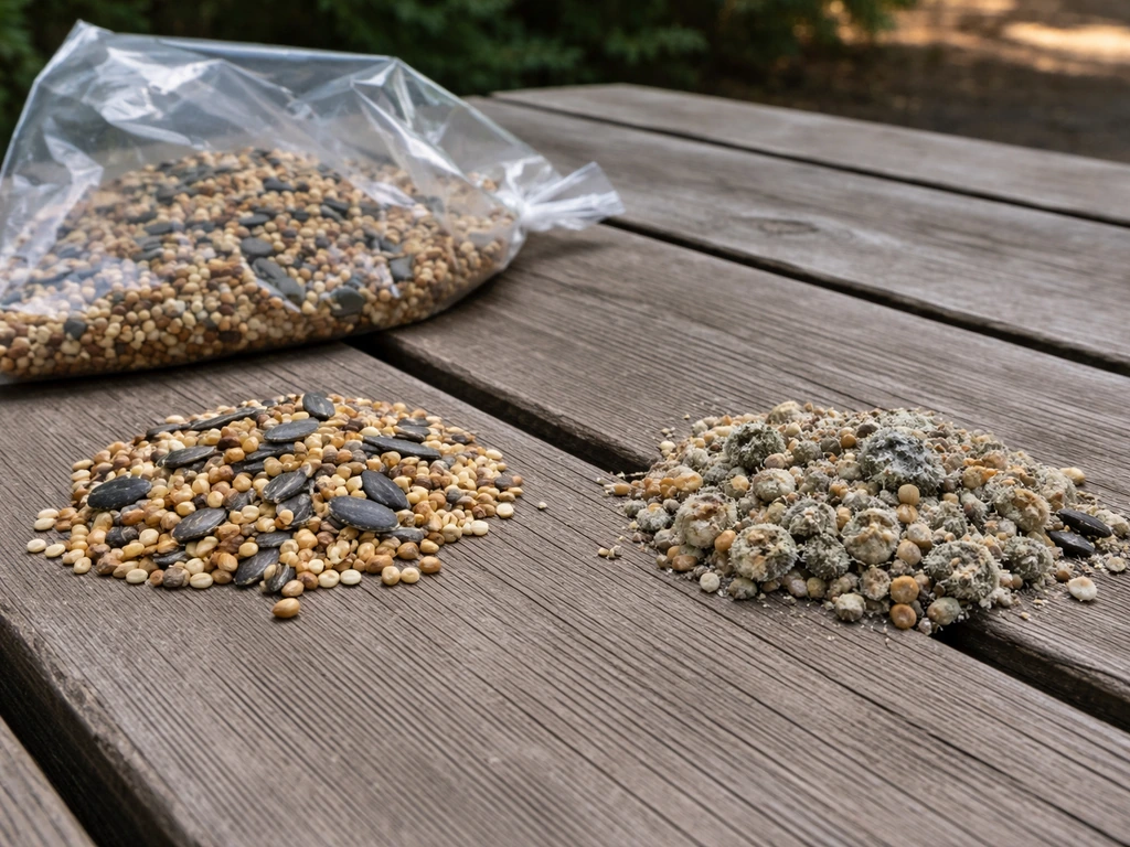 Clean bird seed vs moldy, powdery contaminated seed on a wooden table, outdoors.