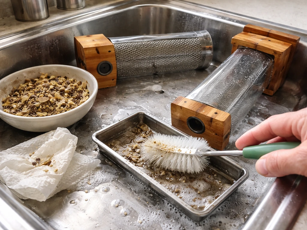 Bird feeder parts being scrubbed with a bottle brush in a sink, with seed debris swept away.